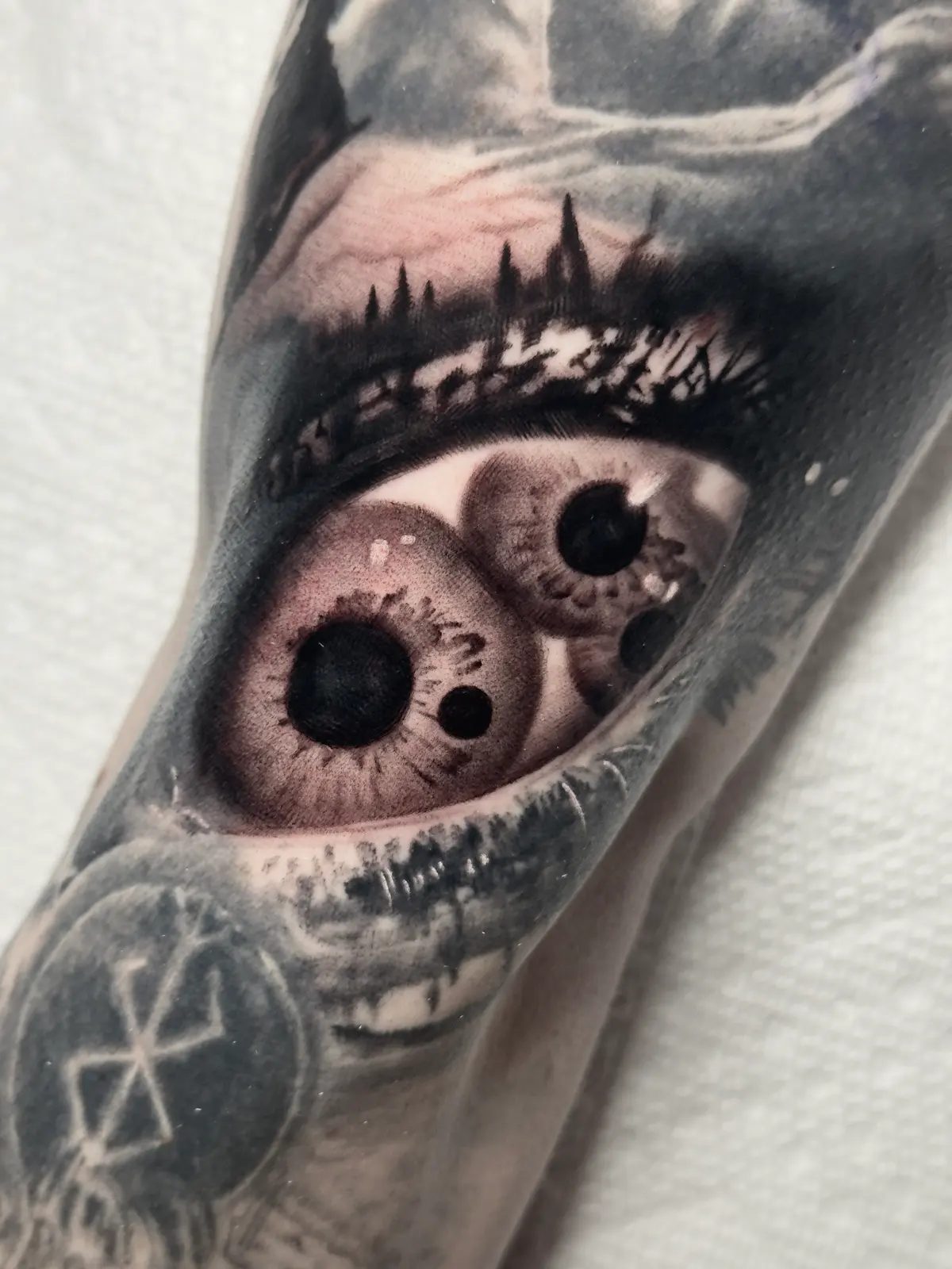 Hyperreal eye with a treeline across the iris