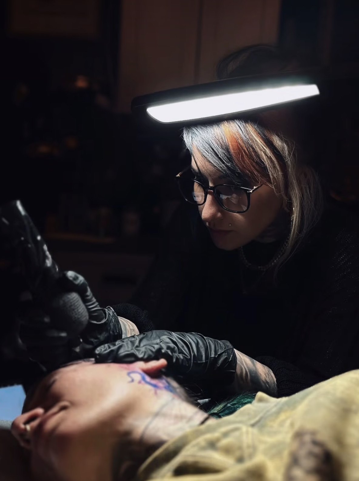 Dale at work on a neck and chest piece