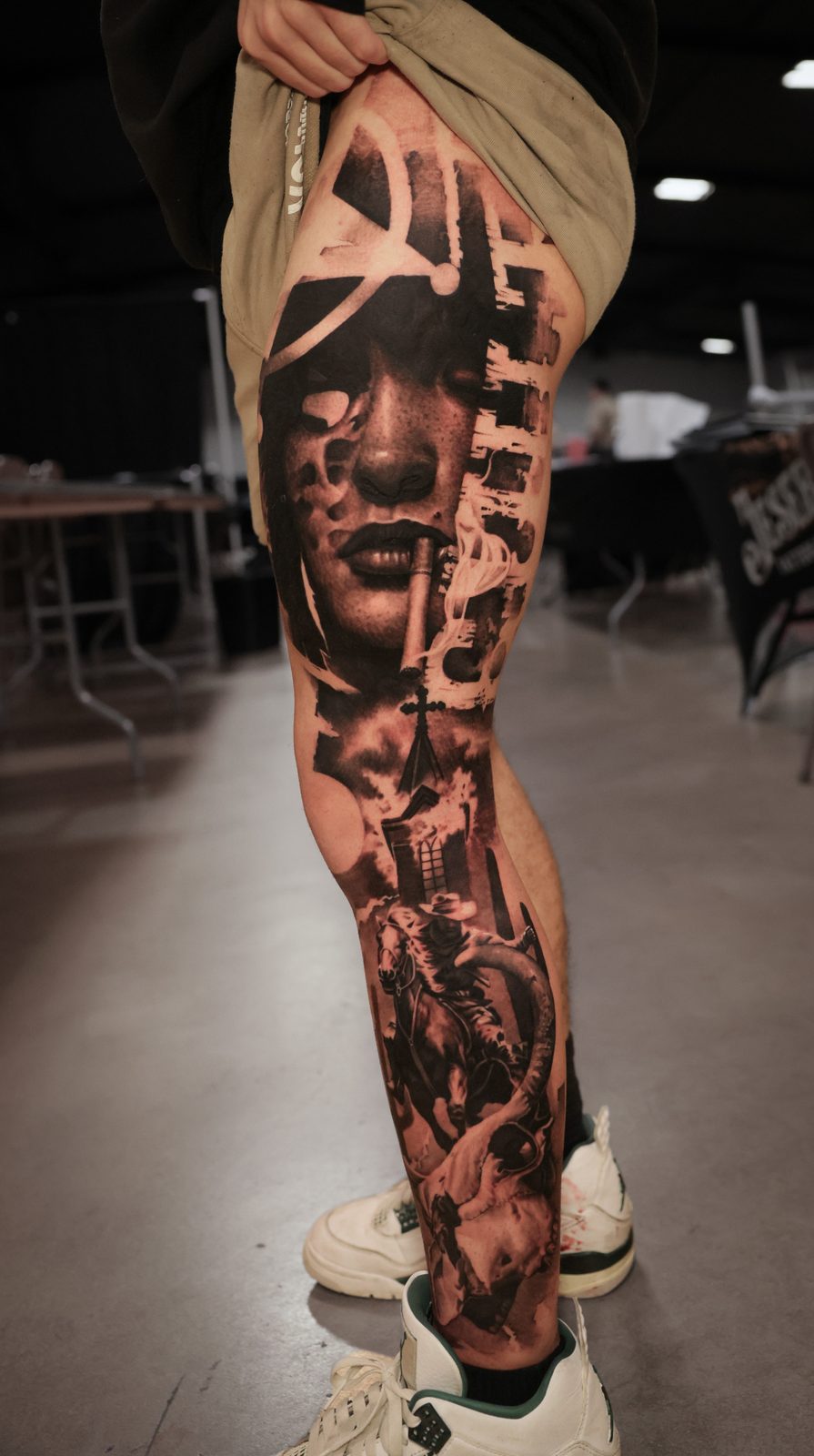 Portrait and statuary running down the shin