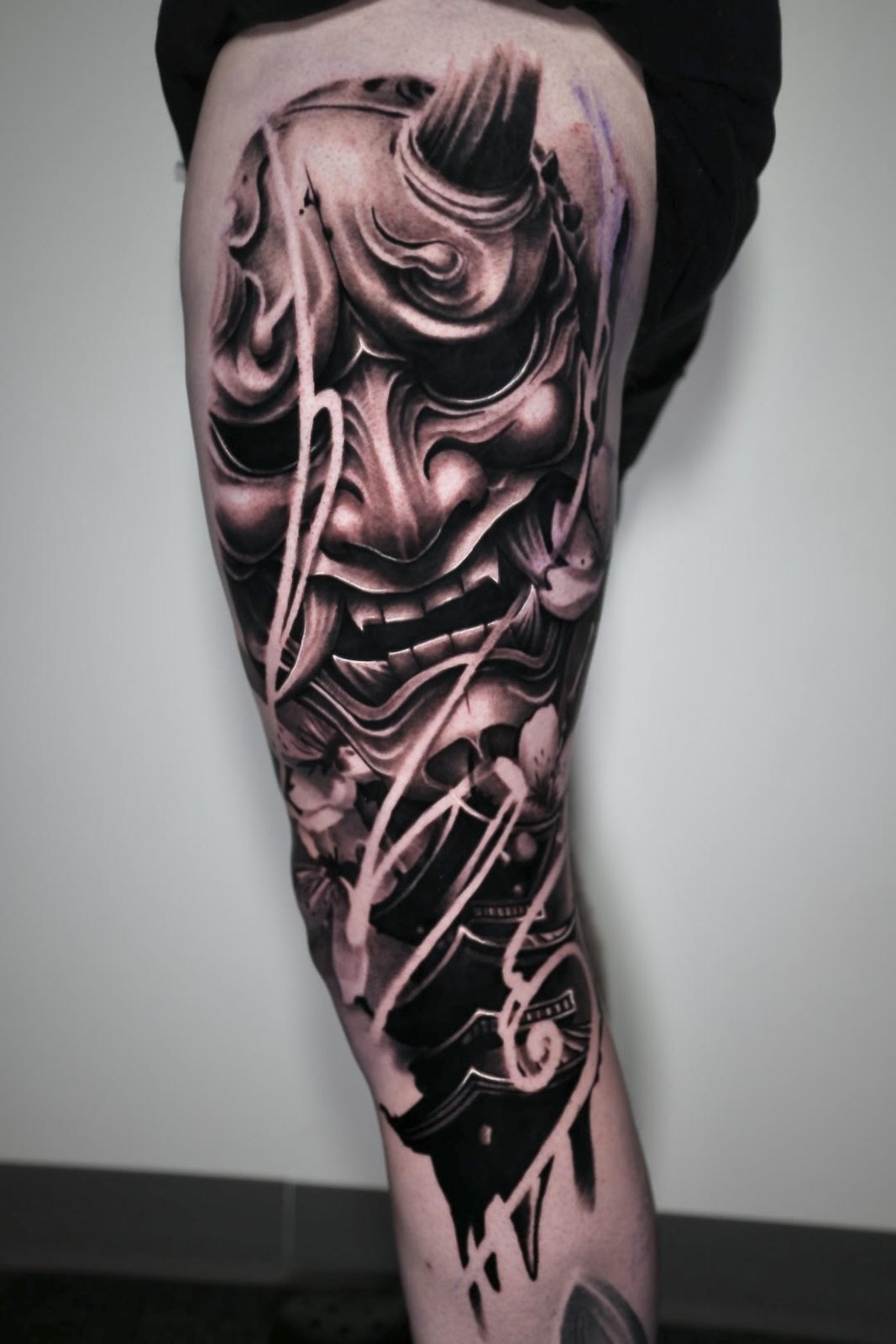 Hannya mask leg sleeve in black and grey