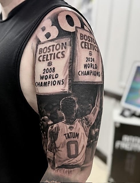 Boston Celtics championship banners on the arm