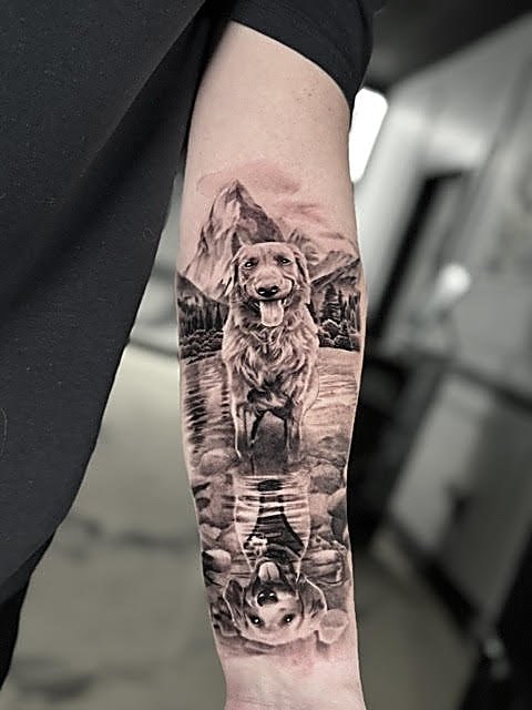 Dog portrait with a landscape behind it