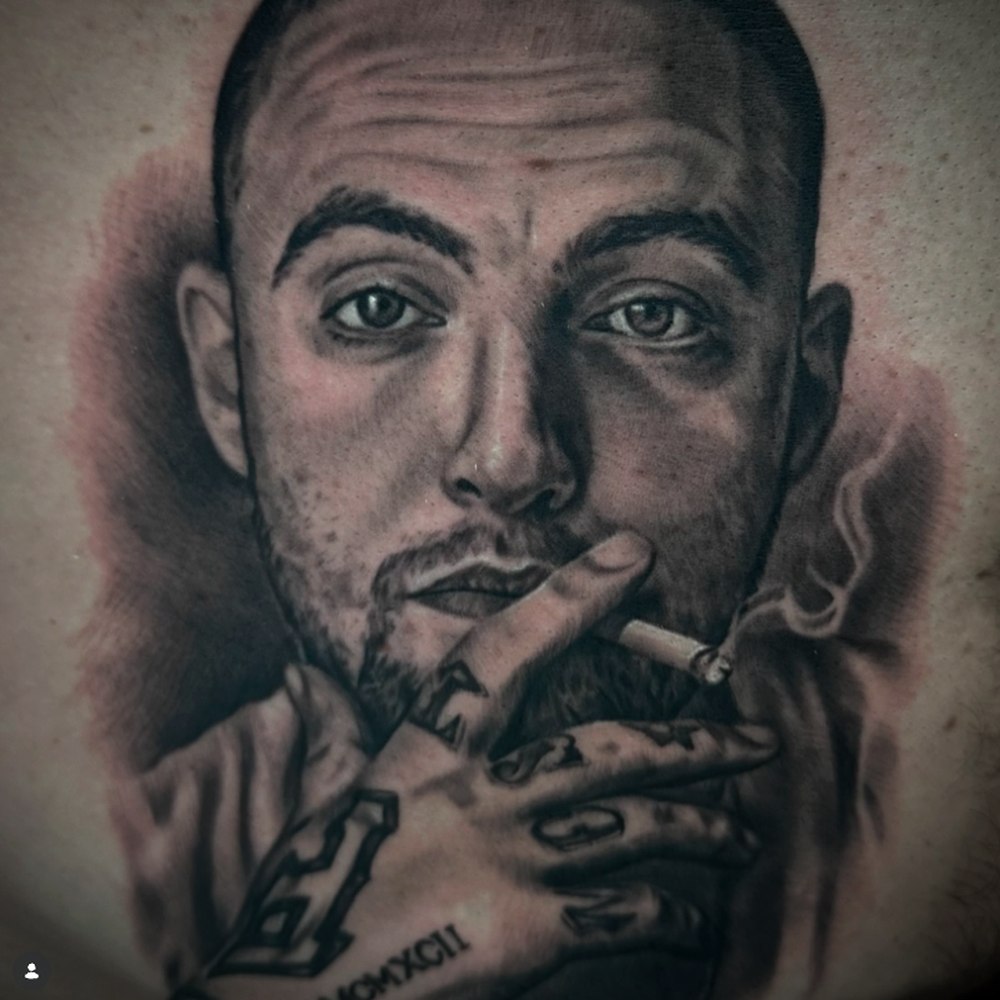 Black and grey portrait, Mac Miller