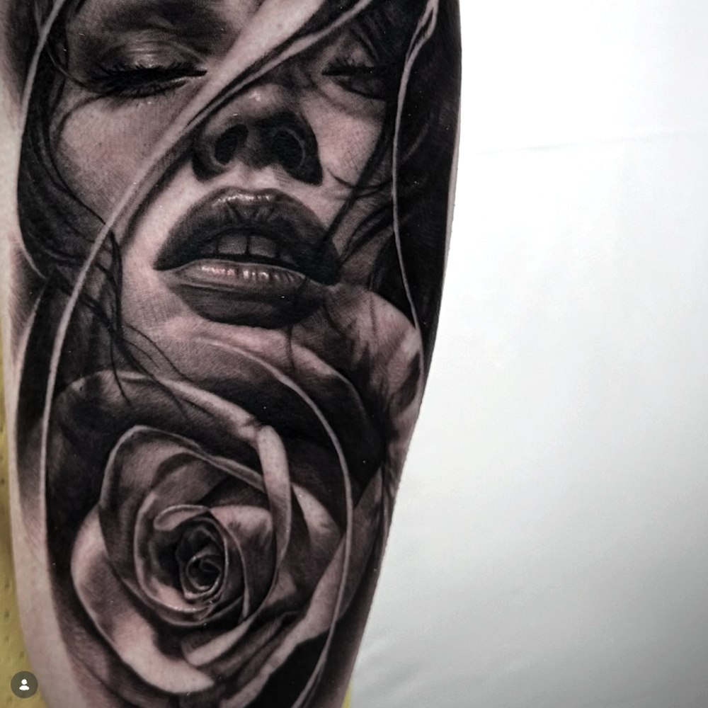 Black and grey portrait with rose