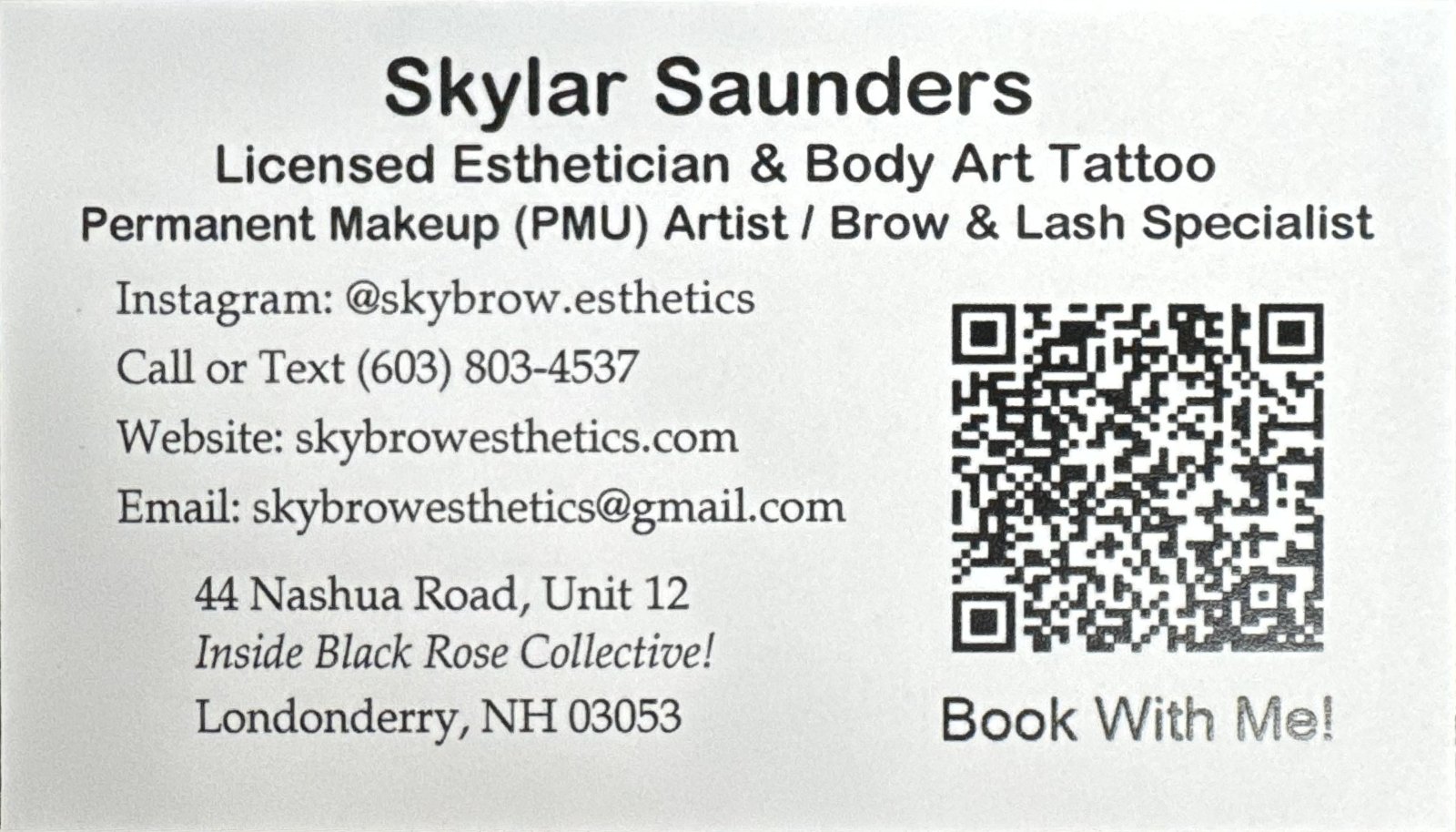 Skylar Saunders — SkyBrow Esthetics card, with a booking QR code